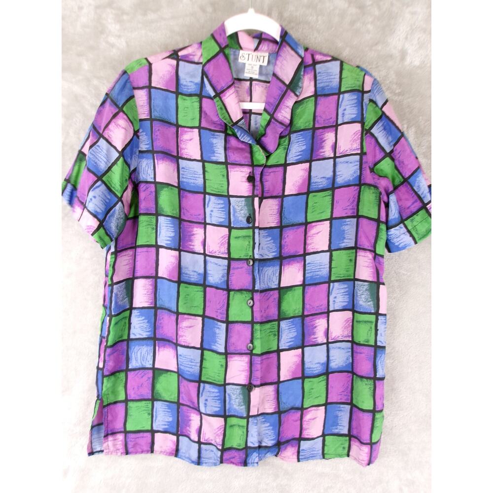 Vintage STUNT 100% Silk Abstract Grid Print Button-Up Blouse Size S